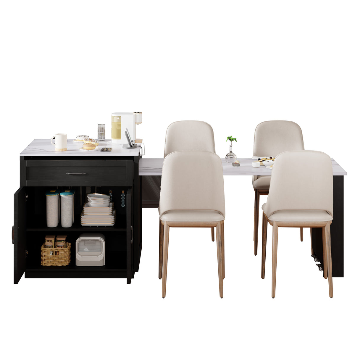 variant-group:rf-n707s000010b|Roomfitters 82.7" Kitchen Island with Extendable Table, Faux Marble Top, Double Storage, Power Outlet, Black