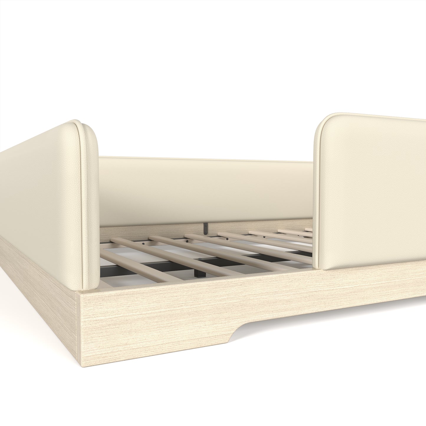 variant-group:rf-w1580s00673|Roomfitters Queen Size Upholstered Floor Bed Frame with Removable Guardrails, Faux Leather Low Profile Platform, Beige