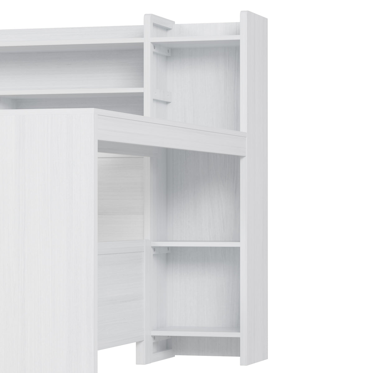 Roomfitters Wooden Full Size Daybed with Storage Shelves, Multi-functional Bed with Twin Size Trundle Bed and Study Desk, Antique White