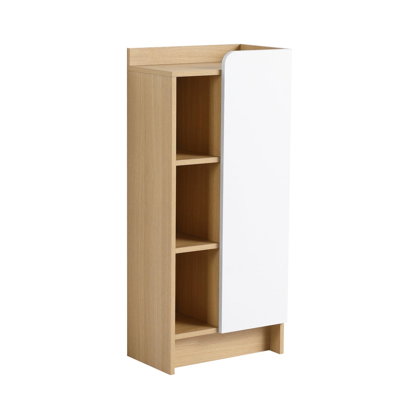 16" Medium Light Oak Freestanding Bathroom Side Cabinet, Narrow Storage Cabinet with Single Door & 3-Tier Open Shelves, KD (Ready-to-Assemble), Dual-Color Door Panels (White & Black), Plywood Construc Roomfitters