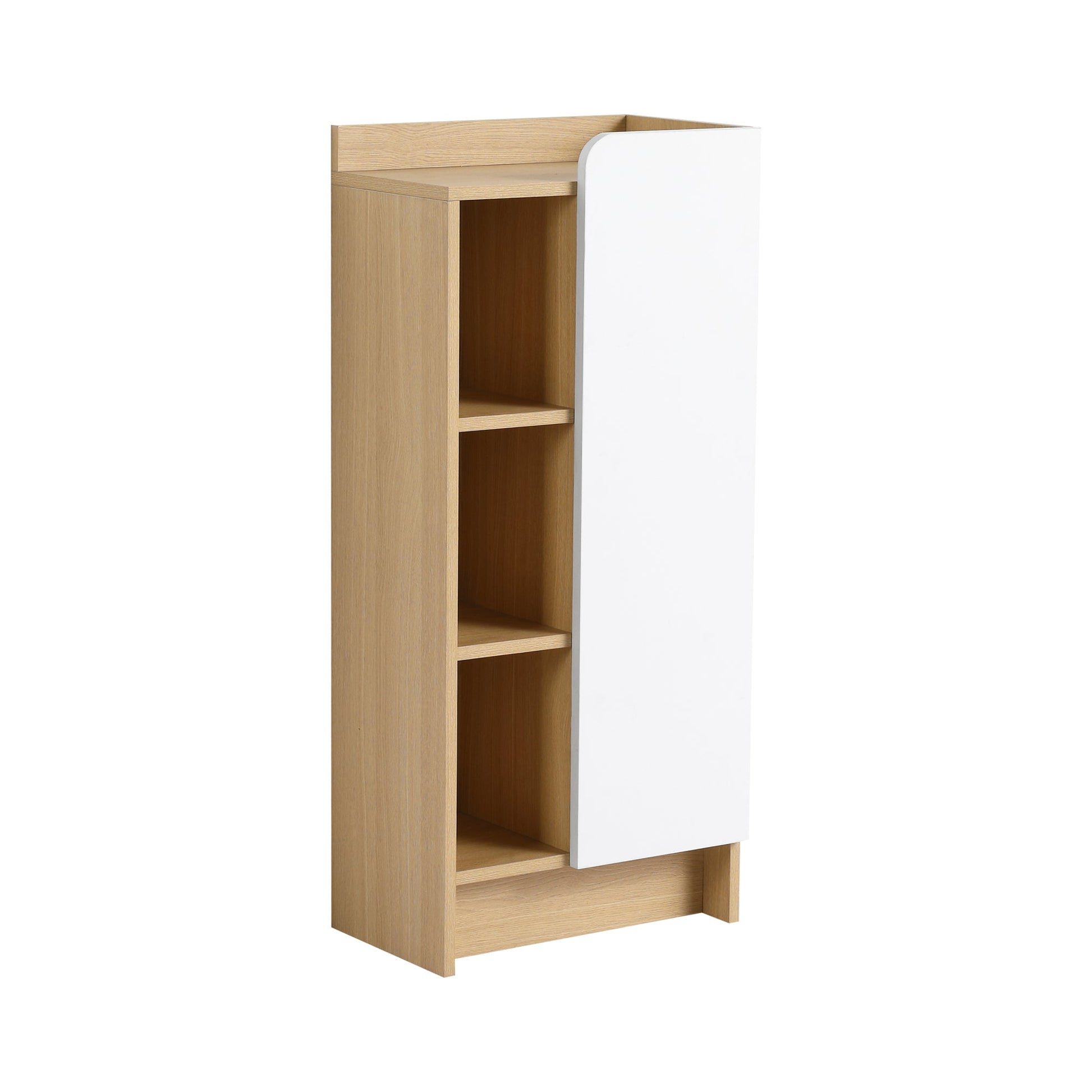 16" Medium Light Oak Freestanding Bathroom Side Cabinet, Narrow Storage Cabinet with Single Door & 3-Tier Open Shelves, KD (Ready-to-Assemble), Dual-Color Door Panels (White & Black), Plywood Construc Roomfitters
