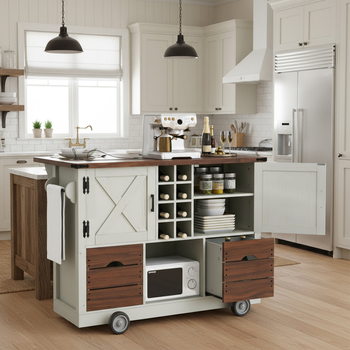 variant-group:rf-n707p349814w|Roomfitters 54" Farmhouse Kitchen Island with Drop Leaf, Power Outlet, Wine Rack, 2 Drawers, 2 Doors, White
