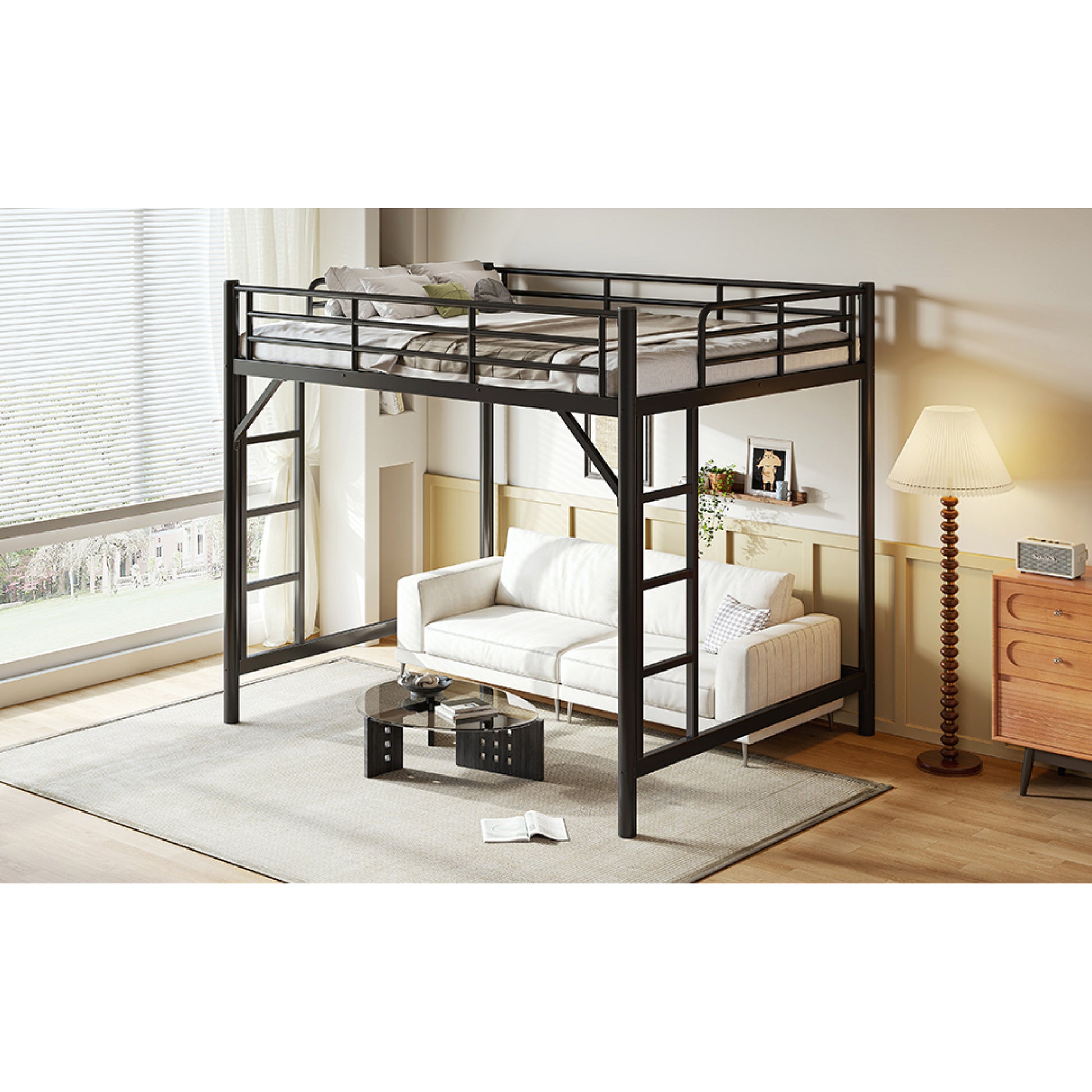 variant-group:rf-w1580p455017|Roomfitters Queen Size Metal Loft Bed Frame with Guardrails, Heavy Duty Space Saving High Loft Bed Dual Ladders, Black