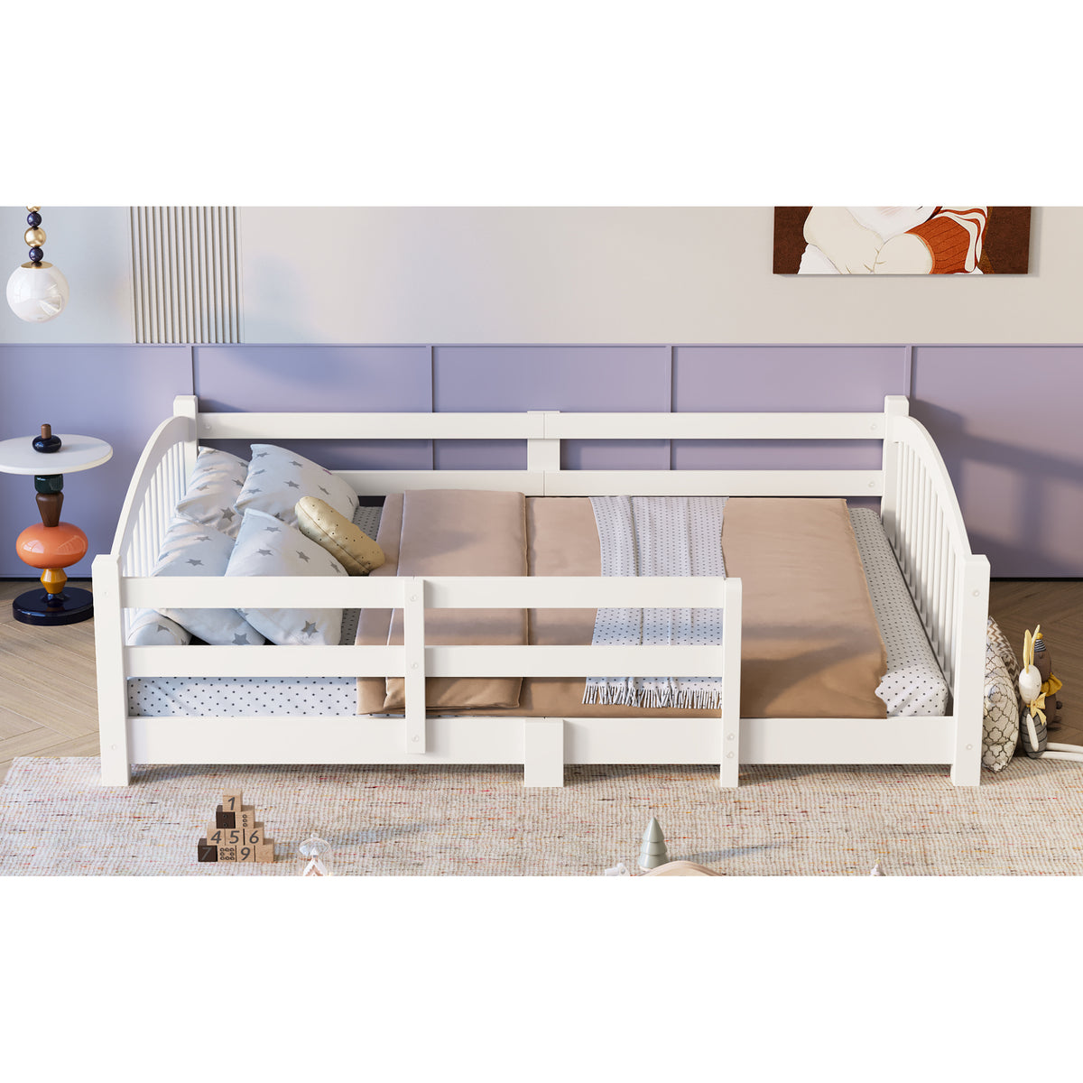 variant-group:rf-n733p400299k|Roomfitters Full Montessori Floor Bed with Guardrails, Solid Wood Low Platform Bed with Slats, Easy Assembly, White