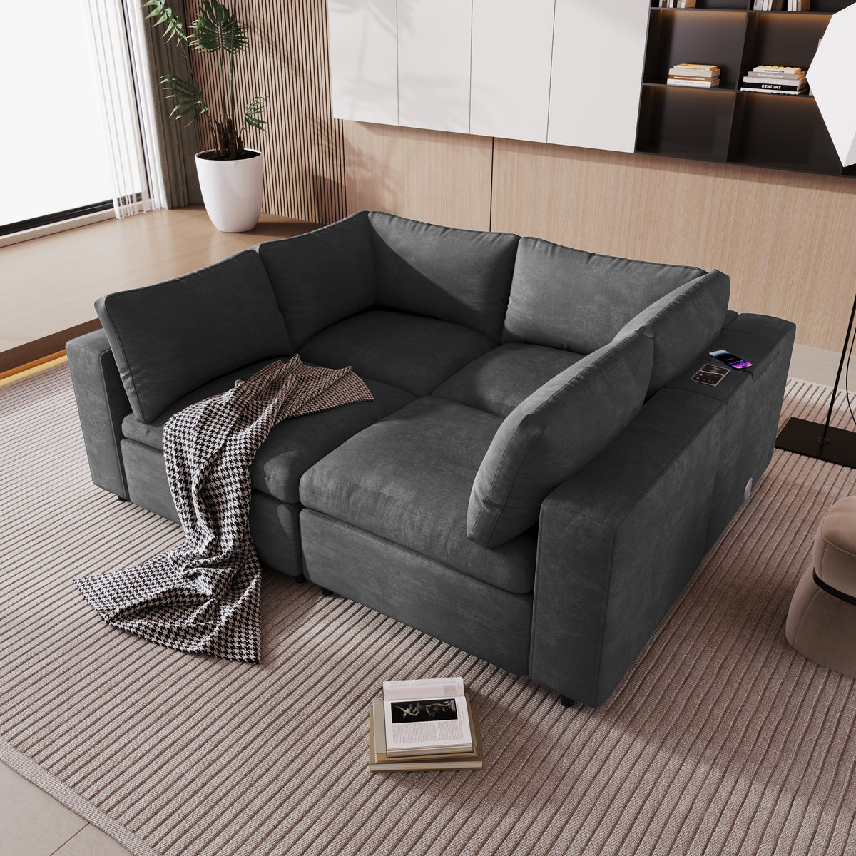 variant-group:rf-n711wy000413aae|Roomfitters Upholstered Modular Sofa with Storage Space, USB Charging Ports, Wireless Charging, Built-in Bluetooth Speaker, Sectional Sofa for Living Room and Apartment, Gray