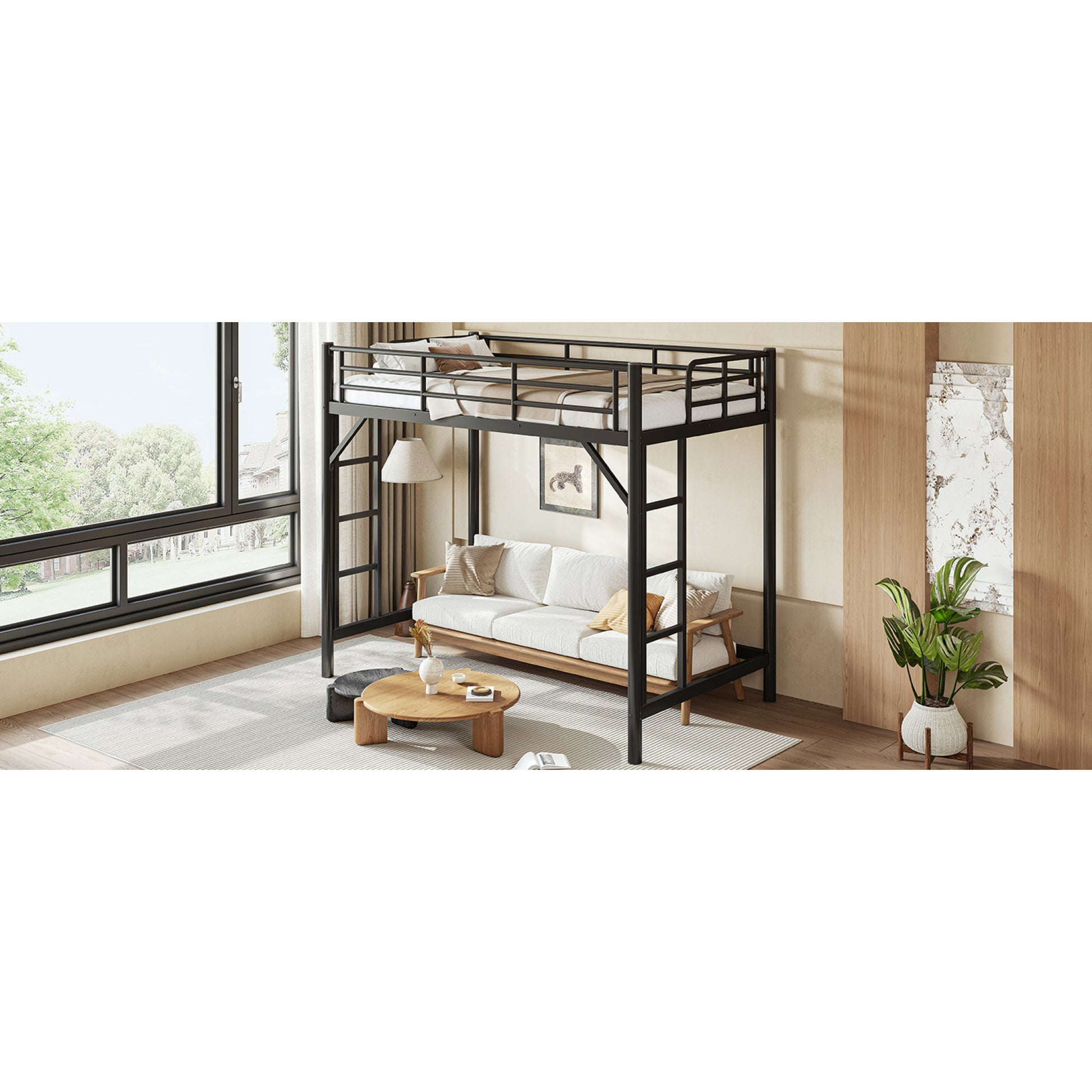 variant-group:rf-w1580p455013|Roomfitters Twin XL Size Metal Loft Bed Frame with Guardrails, Heavy Duty Space Saving High Loft Bed Dual Ladders, Black