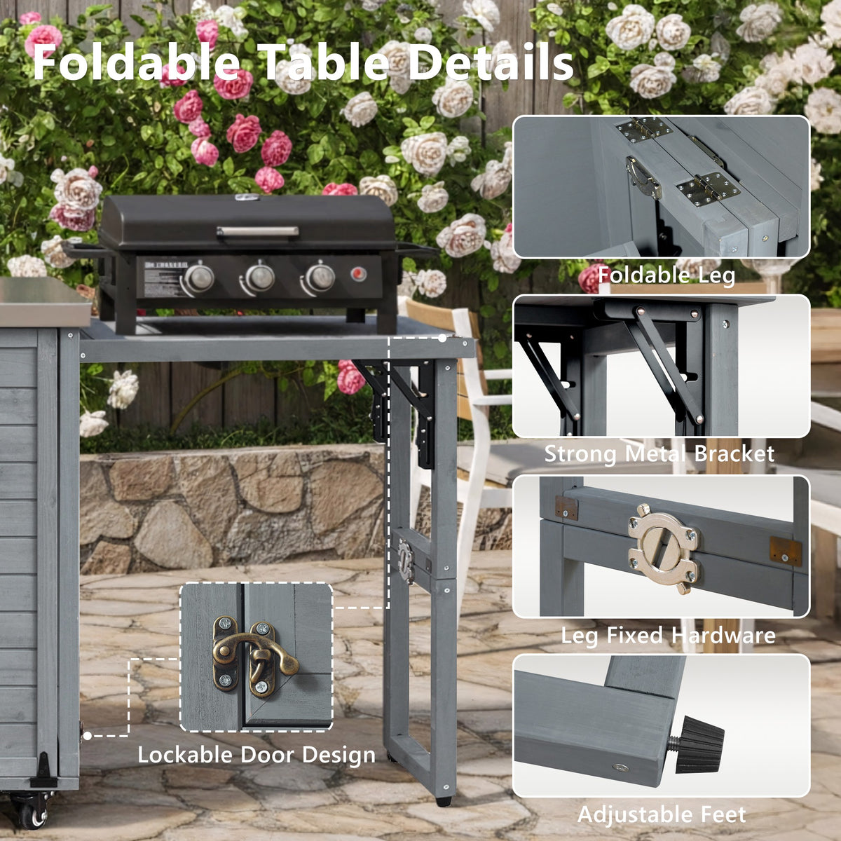 variant-group:rf-n707p370276g|Roomfitters 78.3" Outdoor Kitchen Island with Foldable Grill Table, Stainless Steel Top & Tilt Trash Can Storage, Grey Blue