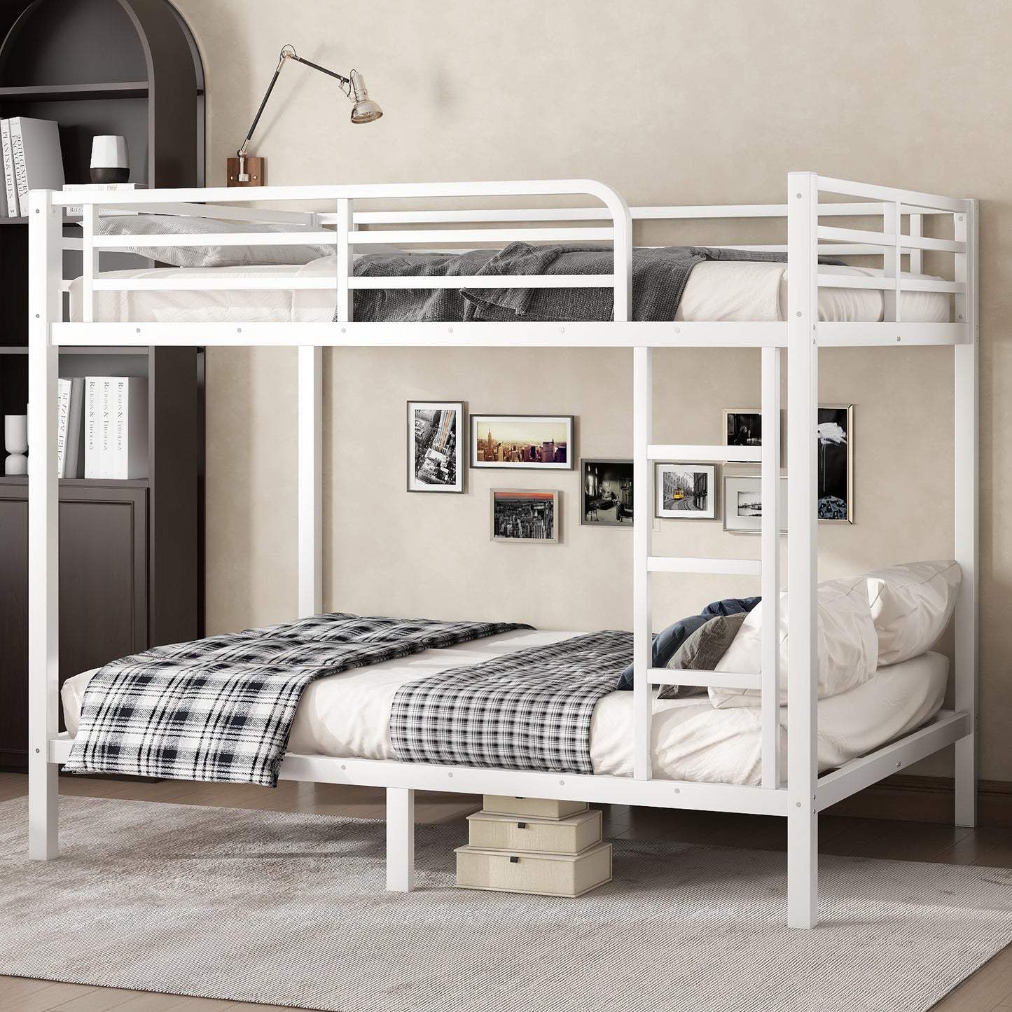 variant-group:rf-w1580p329015|Roomfitters Metal Full Over Full Bunk Bed Frame with Ladder & Safety Rail, Durable Space-Saving Design, White