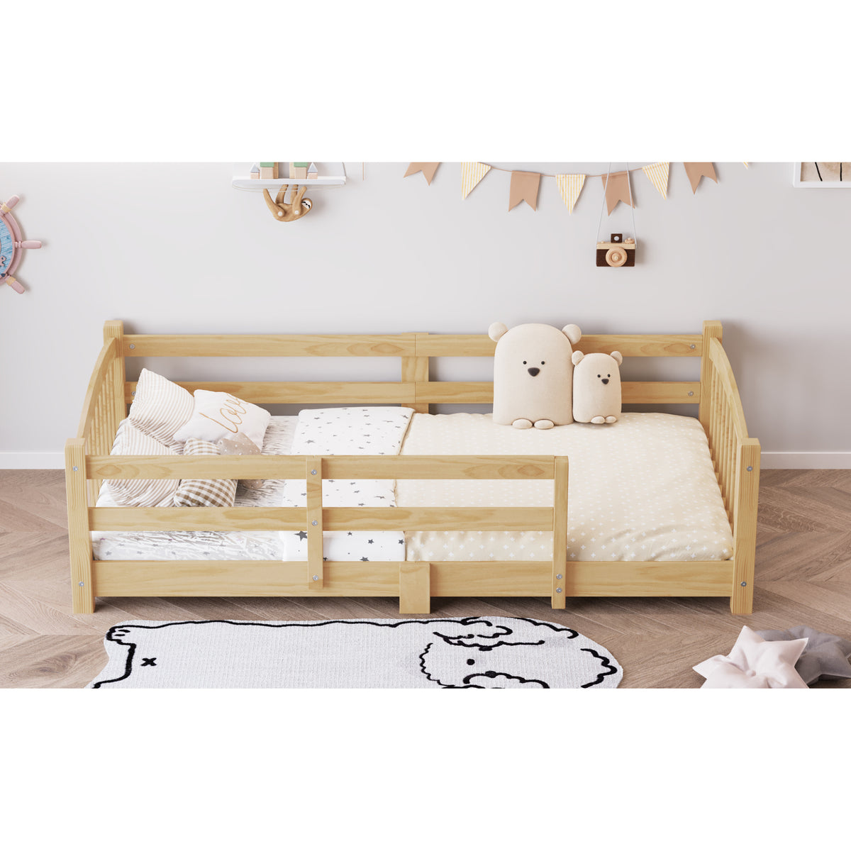variant-group:rf-n733p400298n|Roomfitters Twin Montessori Floor Bed with Guardrails, Solid Wood Low Platform Bed with Slats, Easy Assembly, Natural