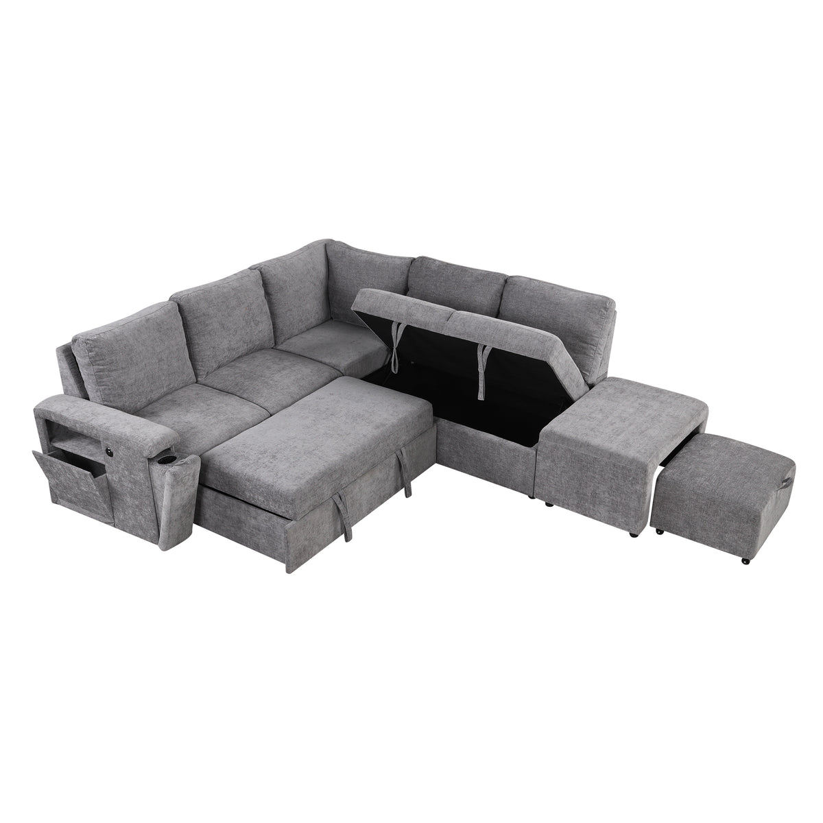 variant-group:rf-n711wy000390aae|Roomfitters L-Shaped Padded Modular Sofa with Storage Space, USB Ports, and Cup Holders on the Armrests, Suitable for Living Rooms, Offices, and Apartments, Gray