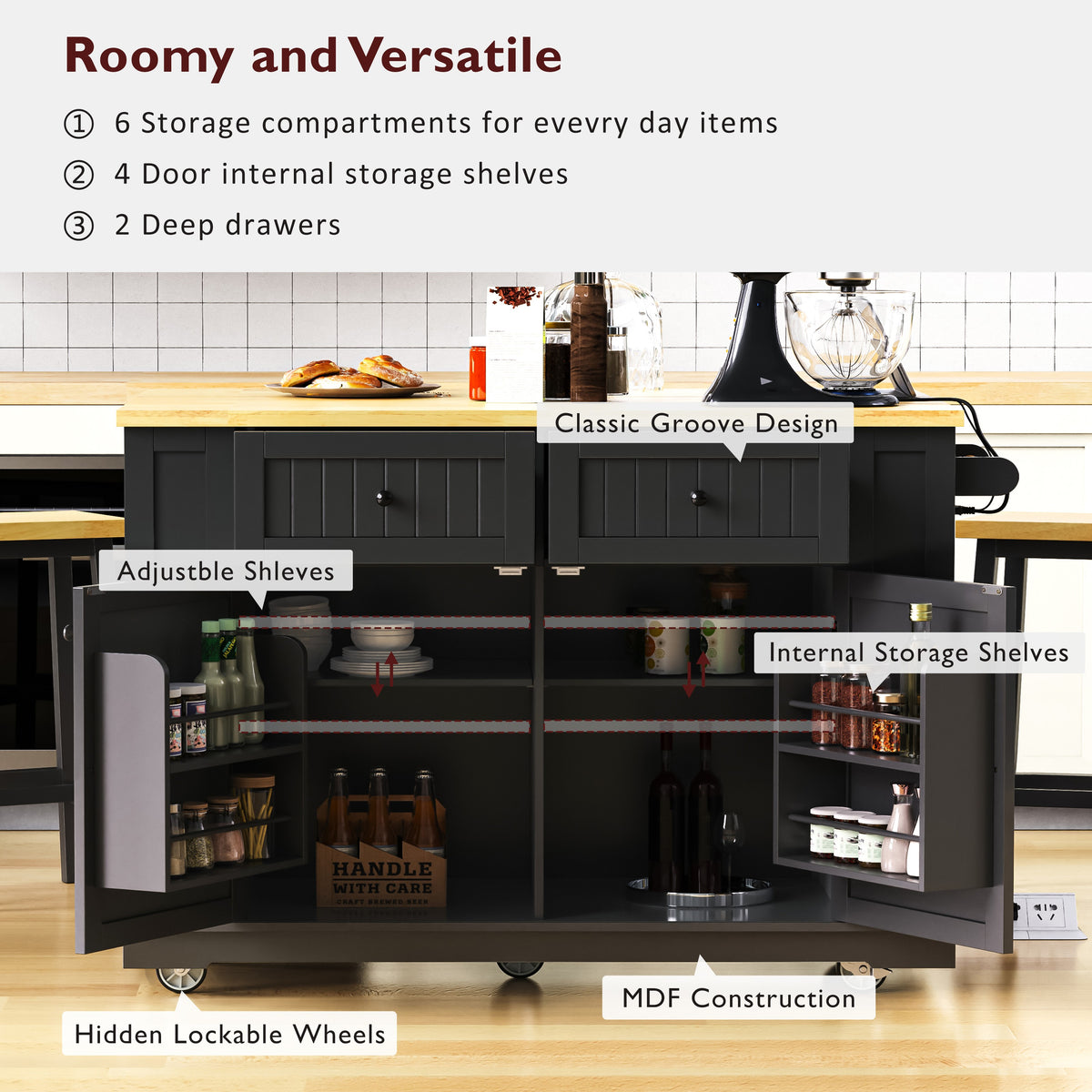 variant-group:rf-n707s257057b|Roomfitters 48" Kitchen Island with Power Outlet and Drop Leaf, Rolling Storage Cabinet with Wood Top and Spice Rack, Black