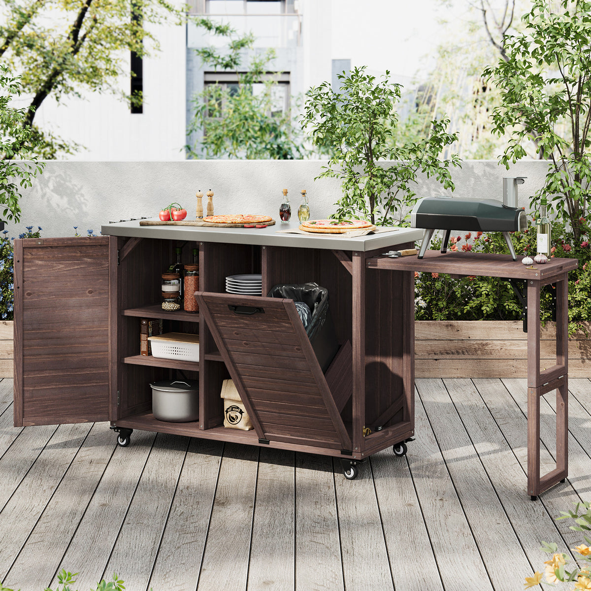 variant-group:rf-n707p370276z|Roomfitters 78.3" Outdoor Kitchen Island with Foldable Grill Table, Stainless Steel Top & Tilt Trash Can Storage, Dark Brown