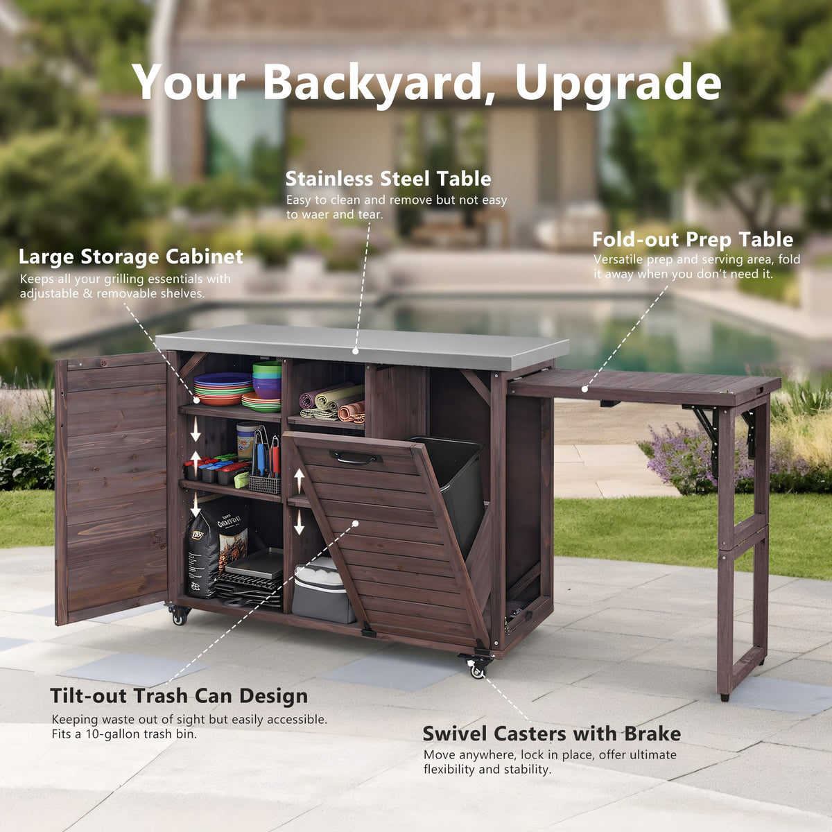 variant-group:rf-n707p370276z|Roomfitters 78.3" Outdoor Kitchen Island with Foldable Grill Table, Stainless Steel Top & Tilt Trash Can Storage, Dark Brown
