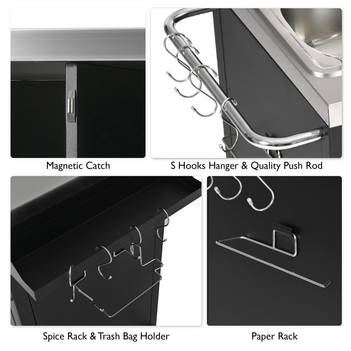Roomfitters 55.5" Outdoor Kitchen Island with Stainless Steel Sink, Rolling Grill Prep Cart & Storage Cabinet, Black
