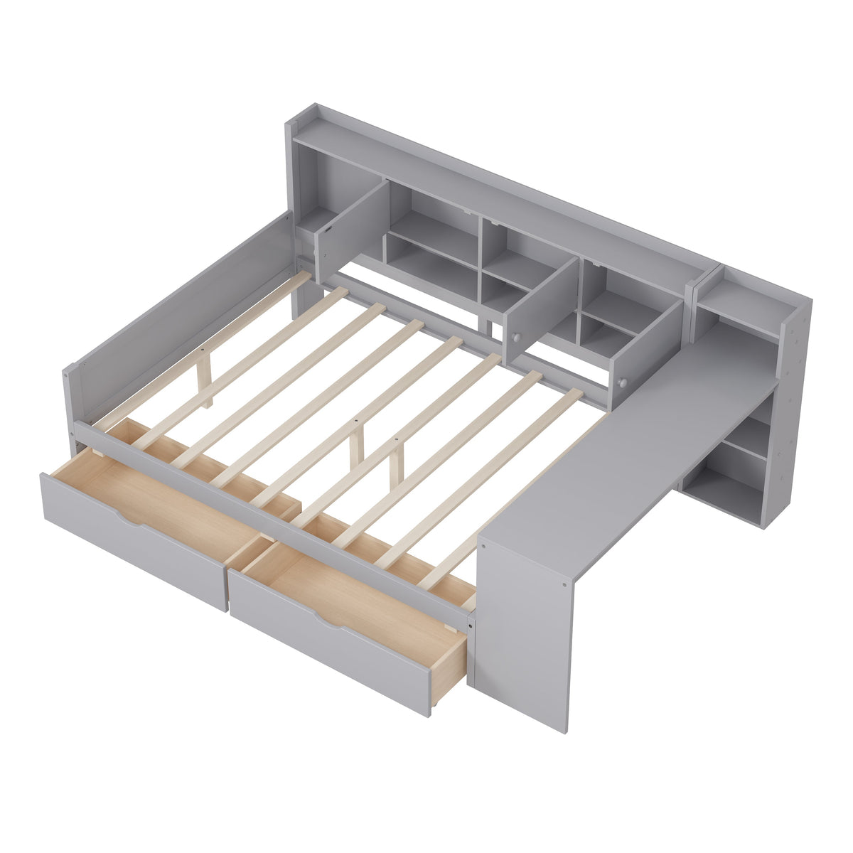 Roomfitters Full Size Wooden L-Shaped Daybed with 3 Cabinets, 2 Drawers, Desk and Bookshelf, Gray