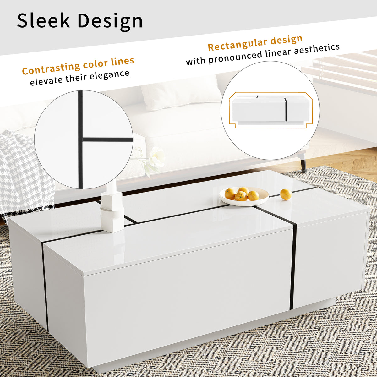 variant-group:rf-n724p292070k|Roomfitters Glossy Extendable Coffee Table with 2 Drawers and Hidden Storage Compartments, Multi-Functional Design, White