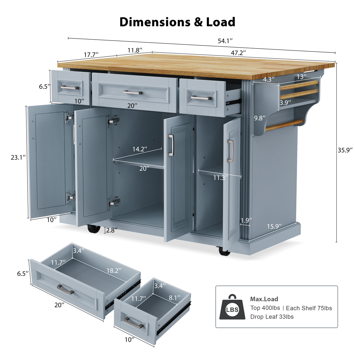 variant-group:rf-n707s195395g|Roomfitters 54" Kitchen Island with Wood Top, Rolling Storage Cabinet with 3 Drawers and 3 Doors, Spice Rack, Grey+Blue