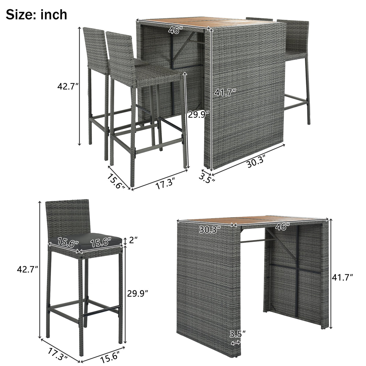Roomfitters 5-Piece Outdoor Bar Set with High Top Wood Slat Table and 4 Wicker Bar Stools, All-Weather, Gray Roomfitters