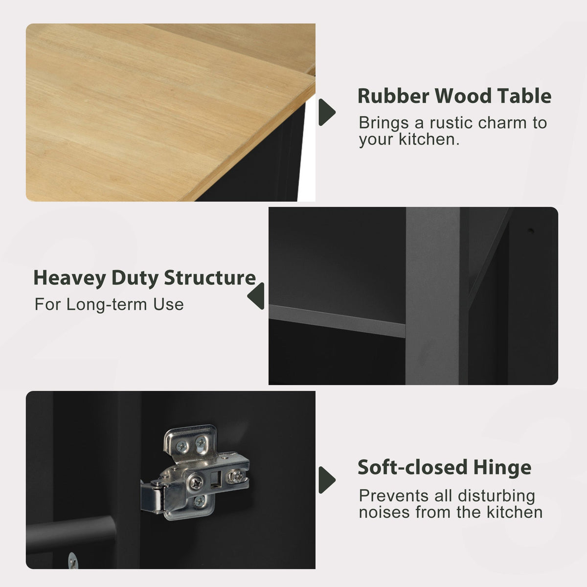 Roomfitters 47" Kitchen Island with Slide-Out Dining Table, Mobile Cart with Built-in Outlets, Internal Racks, Black