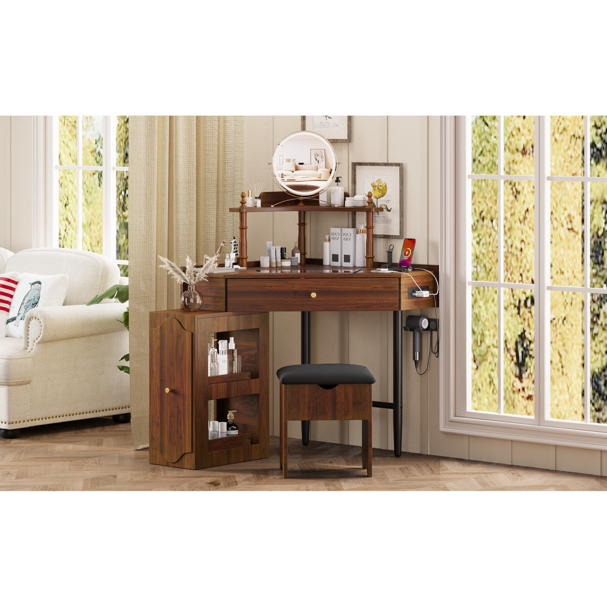 variant-group:rf-n733p336237d|Roomfitters Corner Vanity Desk Set with Stool, Charging Station, Glass Top, Drawer, Shelf, Pull-Out Cabinet, Walnut