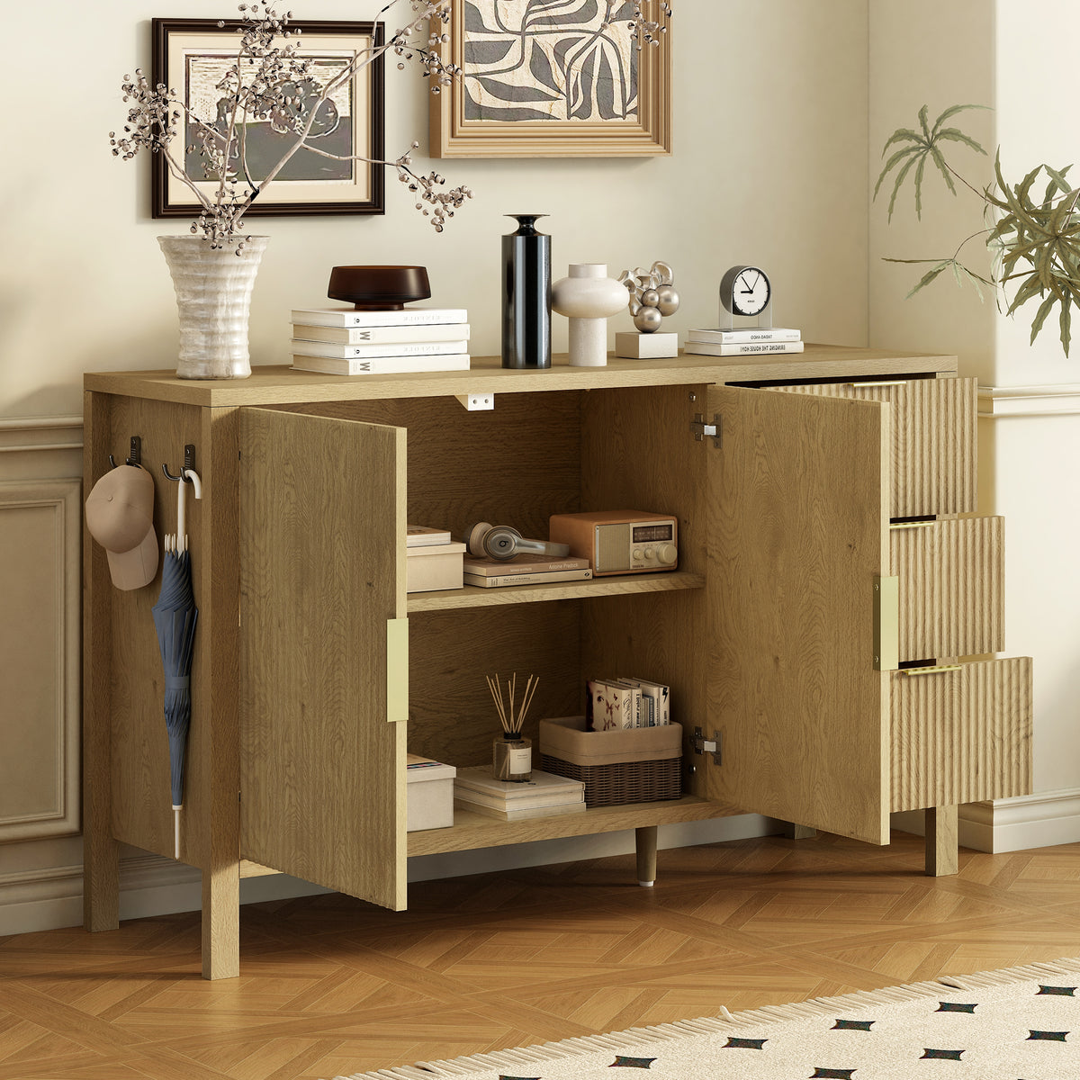 variant-group:rf-n711p345172o|Roomfitters Sideboard Buffet Cabinet with 3 Drawers, 2 Door Mid-century Fluted Accent Storage for Kitchen & Dining, Natural