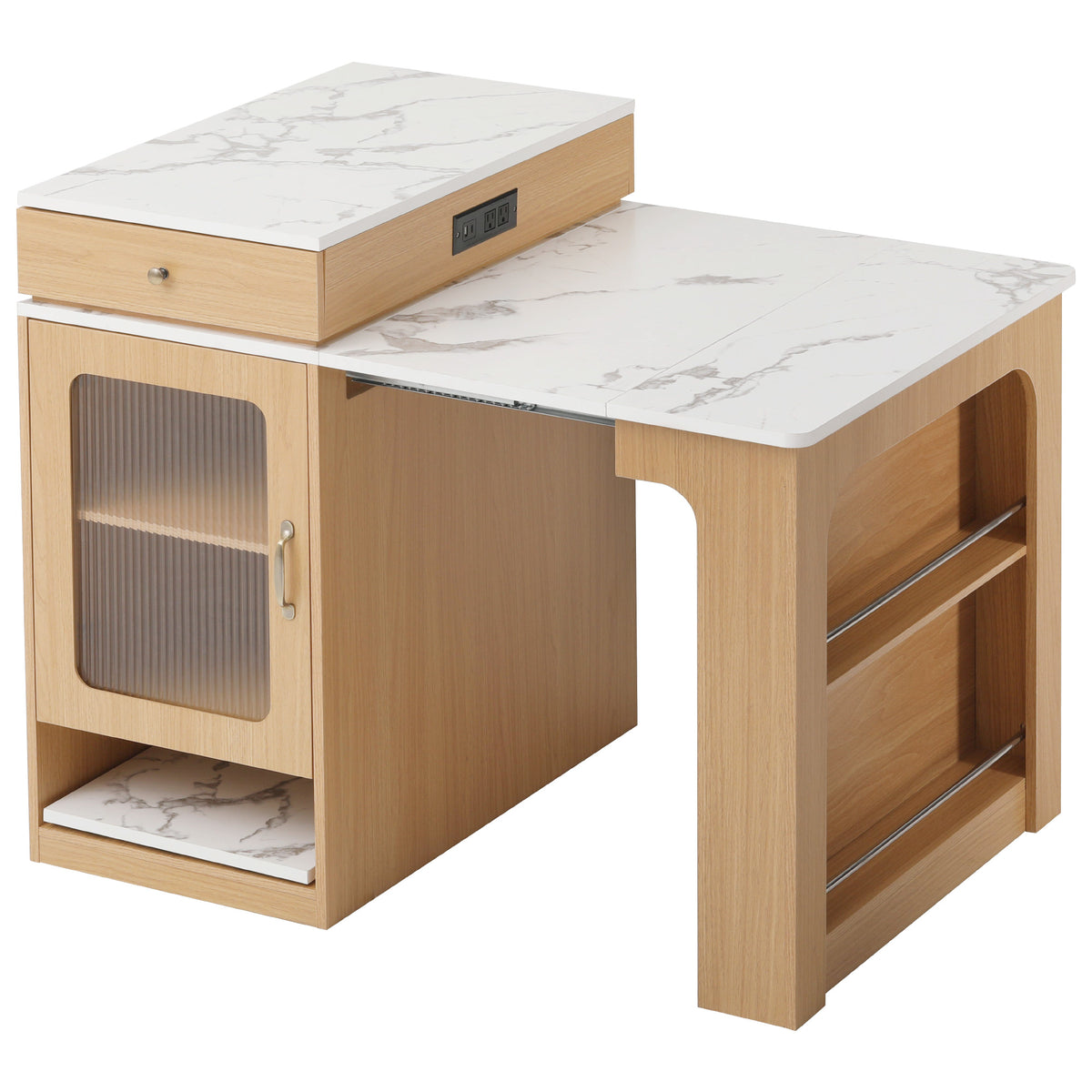 variant-group:rf-n707s000017y|Roomfitters 59.5" Kitchen Island with 41.8" Extendable Dining Table, Double-Sided Storage, Power Outlet, 2 Drawers, Natural