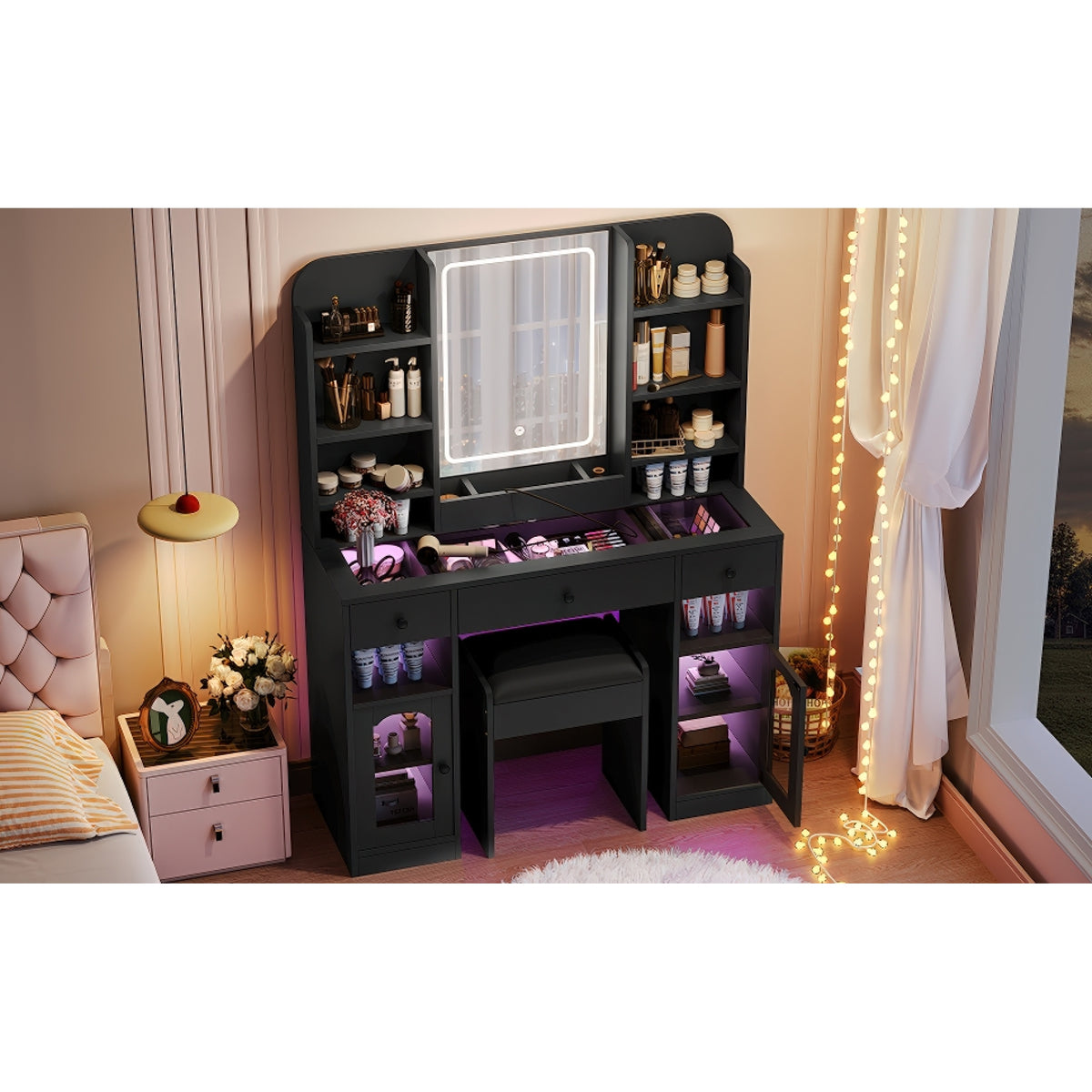 variant-group:rf-n704p407114b|Roomfitters 43.2" Makeup Vanity Desk with LED Lighted Mirror, Glass Door Cabinets, Charging Station and Stool, Black