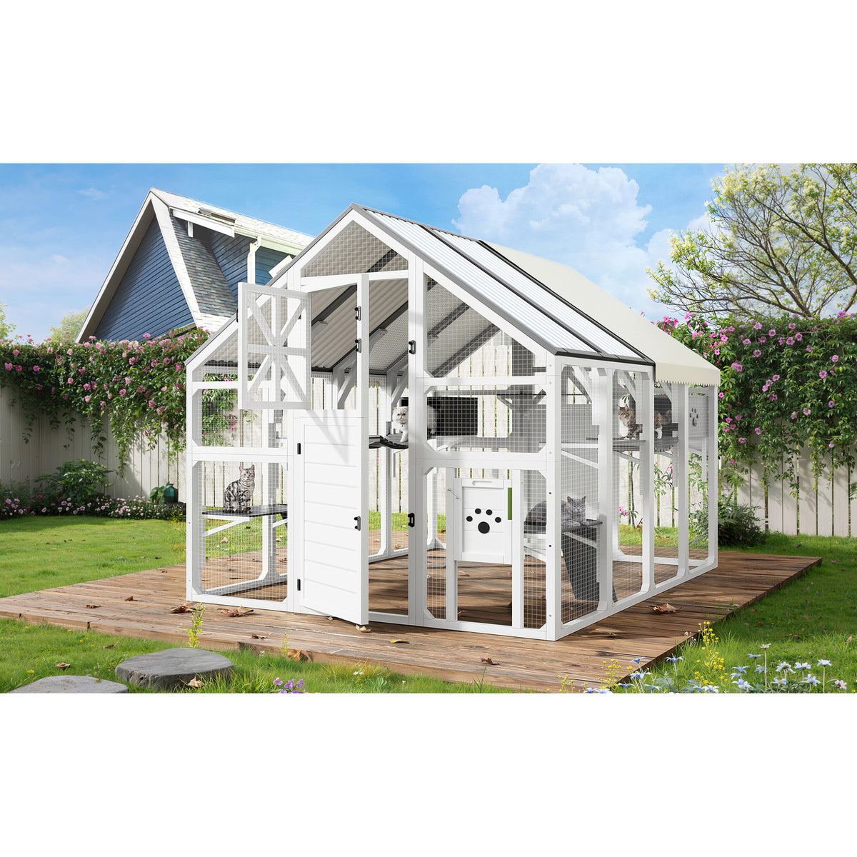 variant-group:rf-n704g201618k|Roomfitters Extra Large Outdoor Catio Cat Enclosure with Cooling PVC Roof and Insulated Boxes White & Gray