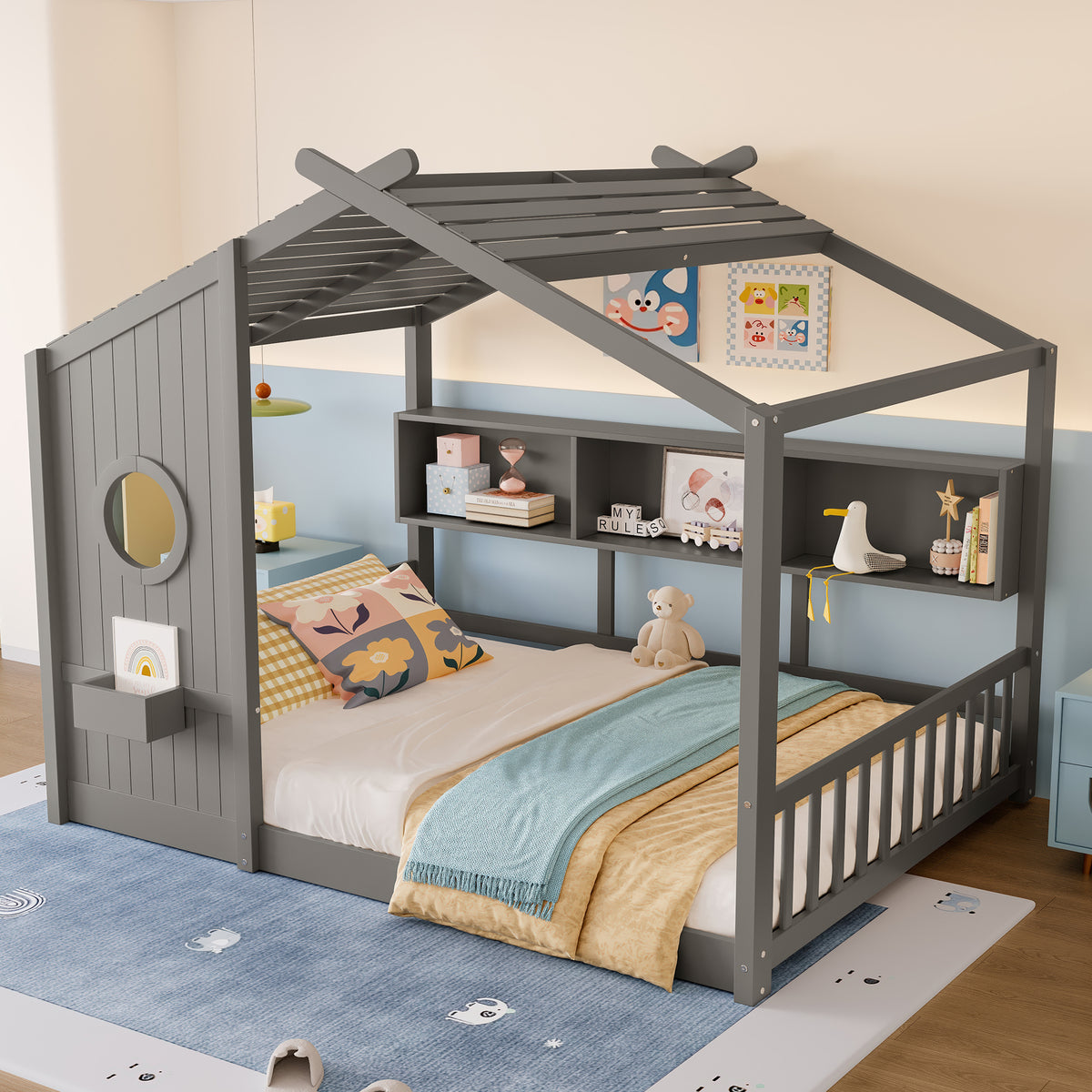 variant-group:rf-n733p335068e|Roomfitters Full Size Floor House Bed with Storage Shelf and Roof Design, Montessori Playhouse Bed, Gray