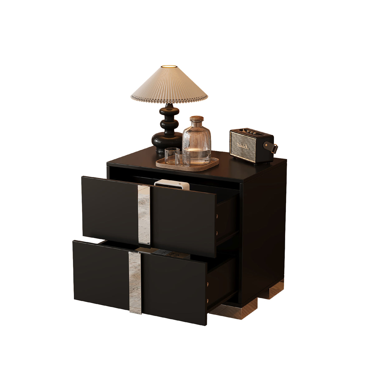 variant-group:rf-n733p307938b|Roomfitters Elegant Mirrored Nightstand with 2 Drawers and Metal Handle, Bedside Table for Bedroom or Living Room, Black