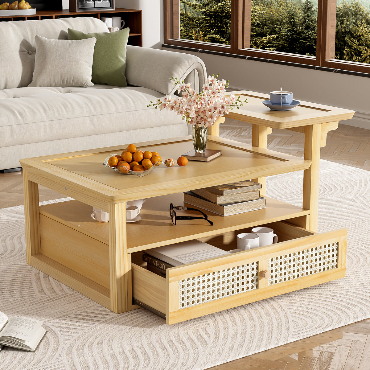 variant-group:rf-n724p232190n|Roomfitters Modern Coffee Table with Open Shelf, Dual Tabletops and Rattan Accent Storage, Natural