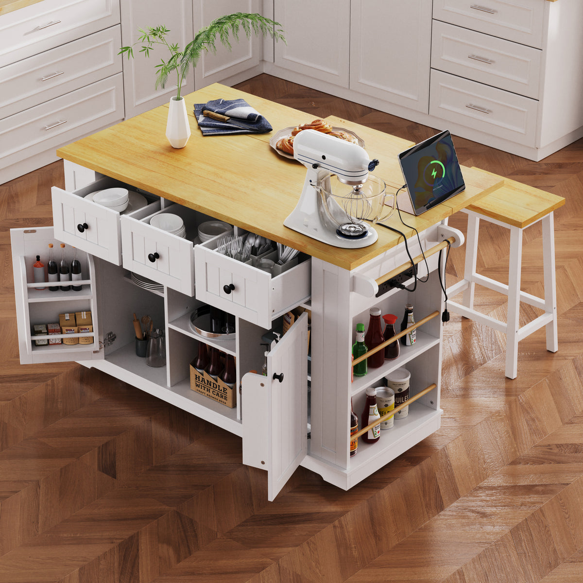 variant-group:rf-n707s003007w|Roomfitters 53" Kitchen Island with 2 Bar Stools, Drop Leaf, Power Outlet, Rolling Kitchen Cart Set with Storage, White
