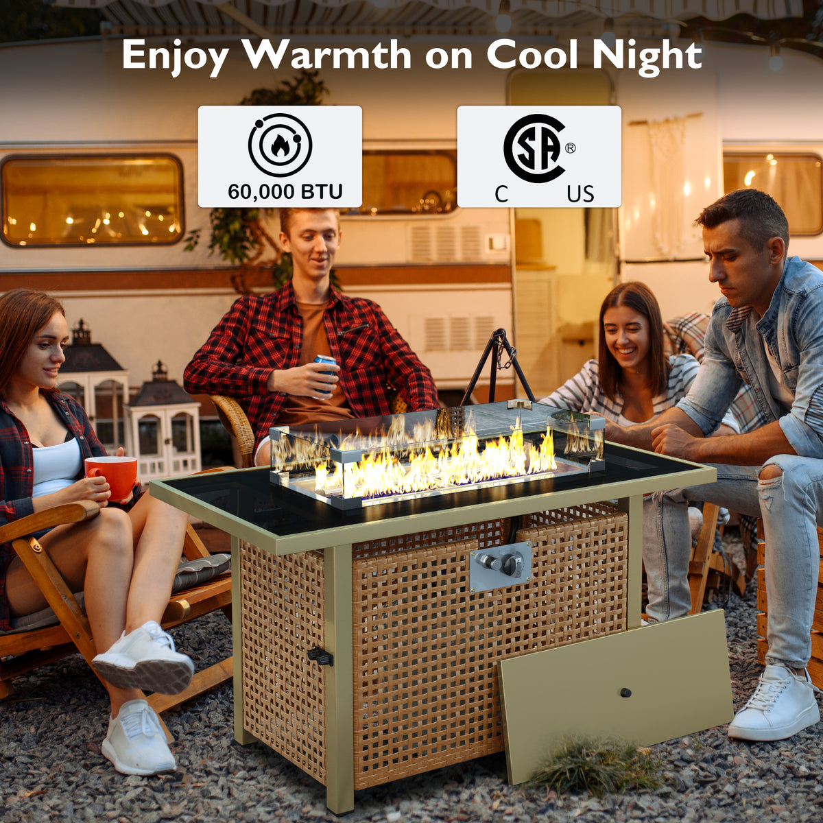 variant-group:rf-n707p210158z|Roomfitters 43" Propane Fire Pit Table, 60,000 BTU Rectangular Wicker Fire Pit with Glass Wind Guard for Patio, Natural