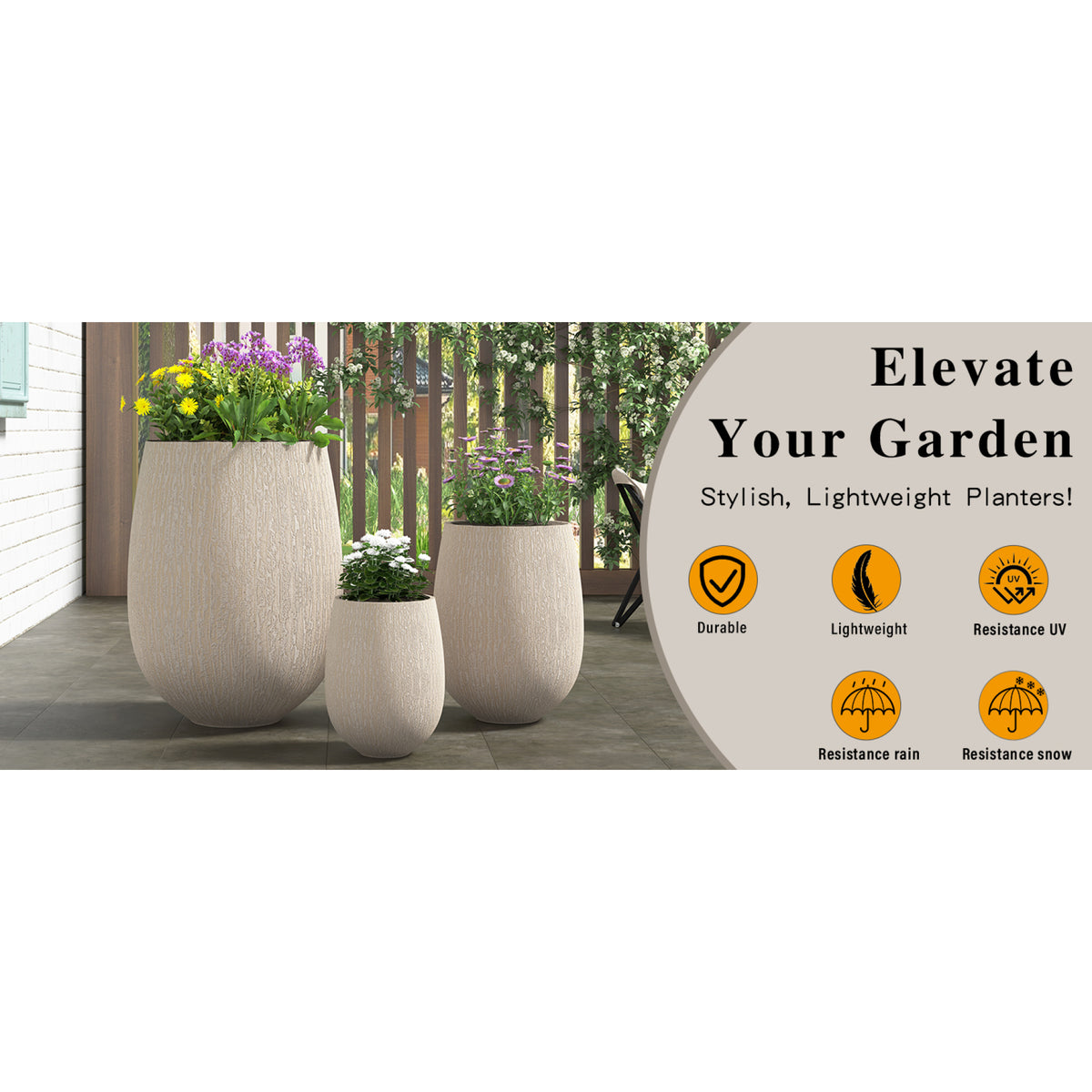 variant-group:rf-n711p406659a|Roomfitters Modern Egg-Shaped MGO Planter Set, 3-Piece Textured Faux Stone Flower Pots, Beige Patio Garden Urns