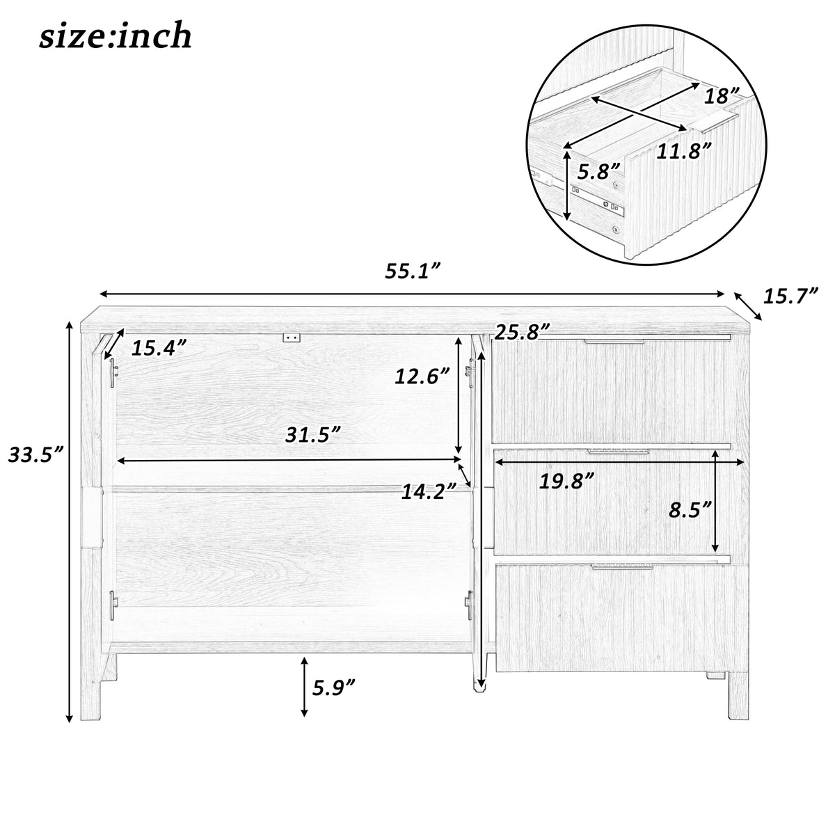 variant-group:rf-n711p345172v|Roomfitters Sideboard Buffet Cabinet with 3 Drawers, 2 Door Mid-century Fluted Accent Storage for Kitchen & Dining, Navy Blue
