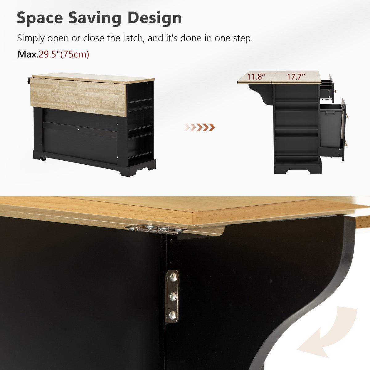 variant-group:rf-n707s307292b|Roomfitters 51" Kitchen Island with Power Outlet and Drop Leaf, Rolling Cabinet with Pull-Out Trash Can Drawer, Black