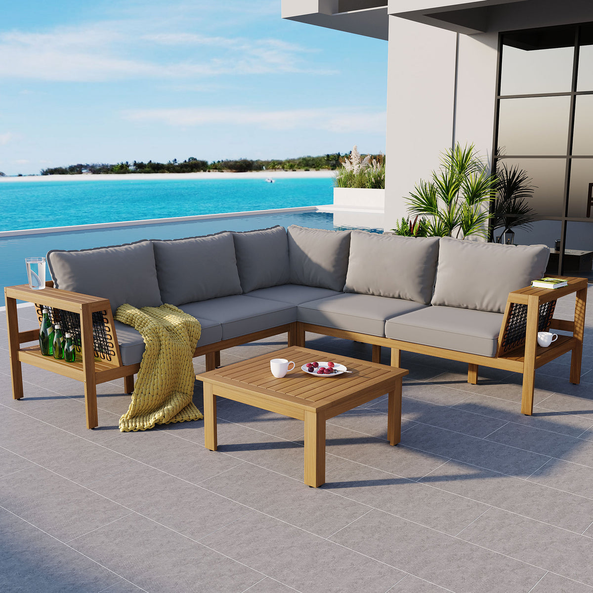 variant-group:rf-n704f201249e|Roomfitters 4-Piece Outdoor Sectional Sofa Set with Coffee Table and Built-in Side Shelves, Wood Frame, Gray+Natural