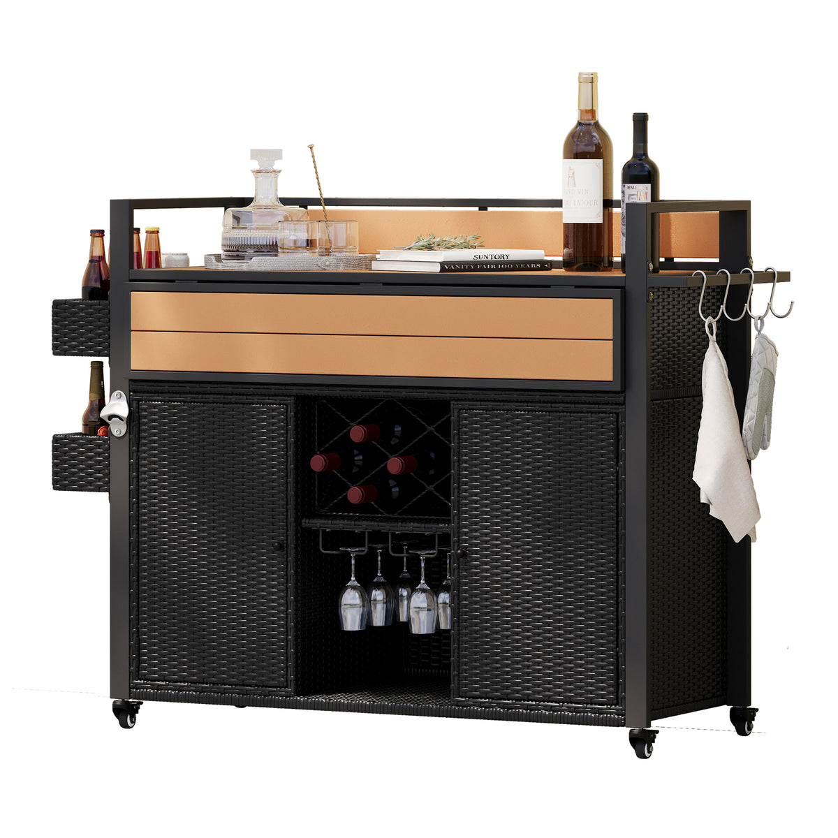 variant-group:rf-n707p233747b|Roomfitters 52.8" Wicker Outdoor Grill Cart with Plastic Wood Table, Rolling Island with Storage Cabinet, Double Handles, Black Brown
