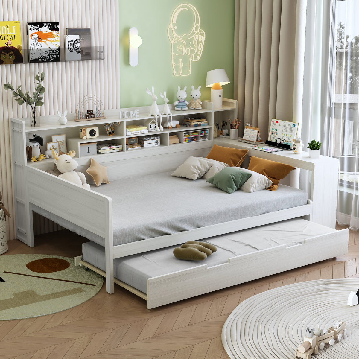 Roomfitters Wooden Full Size Daybed with Storage Shelves, Multi-functional Bed with Twin Size Trundle Bed and Study Desk, Antique White