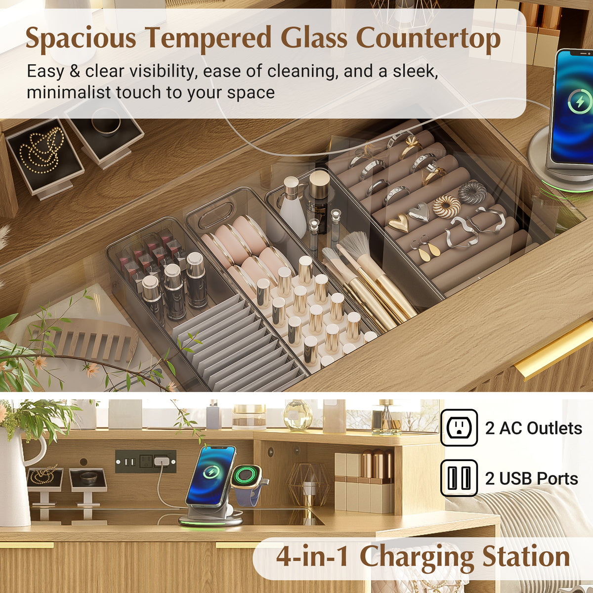variant-group:rf-n704p392485n|Roomfitters 47.2" Corner Makeup Vanity Desk with 3-Panel LED Mirror, Glass Top, Charging Station and Storage Hutch, Oak