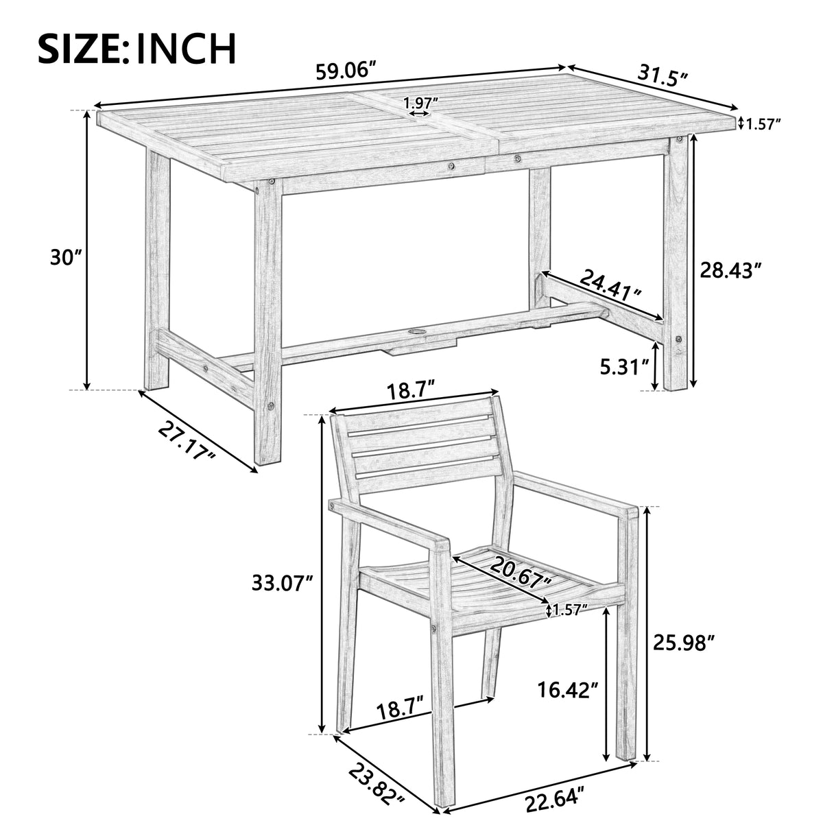variant-group:rf-n711wy000477aao|Roomfitters Farmhouse 5-Piece Outdoor Dining Set for 4, 59-Inch Rectangular Table, Umbrella Hole, Natural Wood Patio