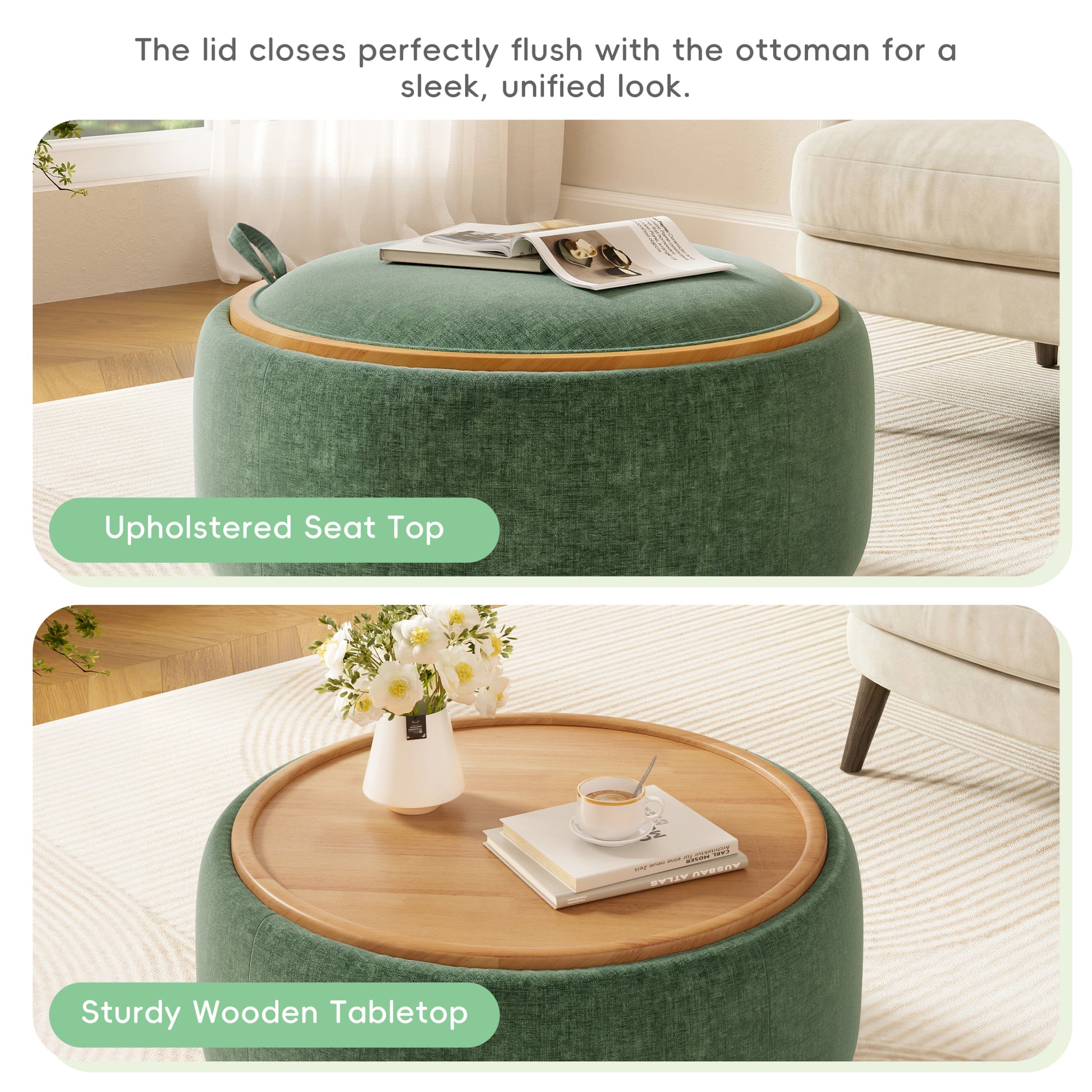 variant-group:rf-n723p405304g|Roomfitters 29 Inch Round Storage Ottoman with Reversible Wooden Tray Top, Upholstered Coffee Table for Living Room, Green