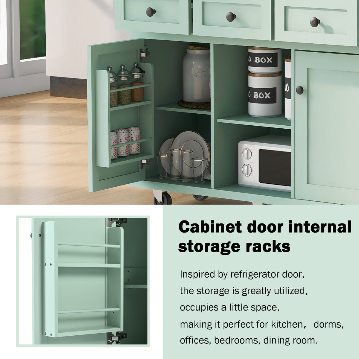 variant-group:rf-n707wf298028aae|Roomfitters Kitchen Cart with Rubber Wood Drop-Leaf Countertop, Cabinet Door Storage Racks, 5-Wheel Kitchen Island with Storage Cabinet & 3 Drawers, Mint Green