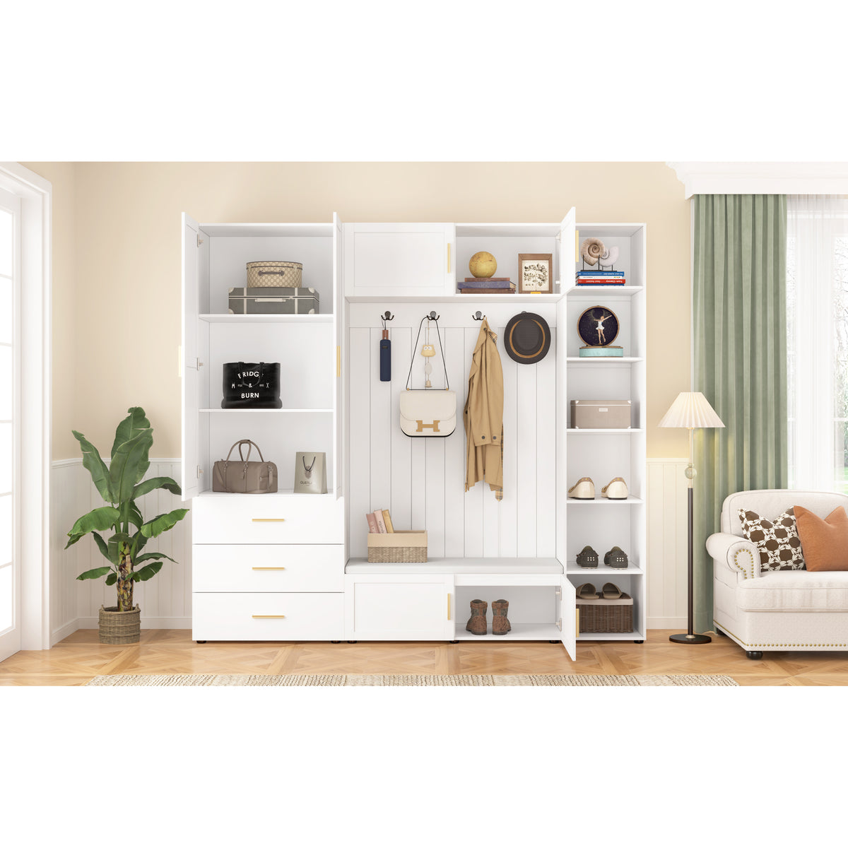 variant-group:rf-n724sj000167aak|Roomfitters American Style Extra-Wide Hall Tree with Padded Cushion Seat, Ancient White