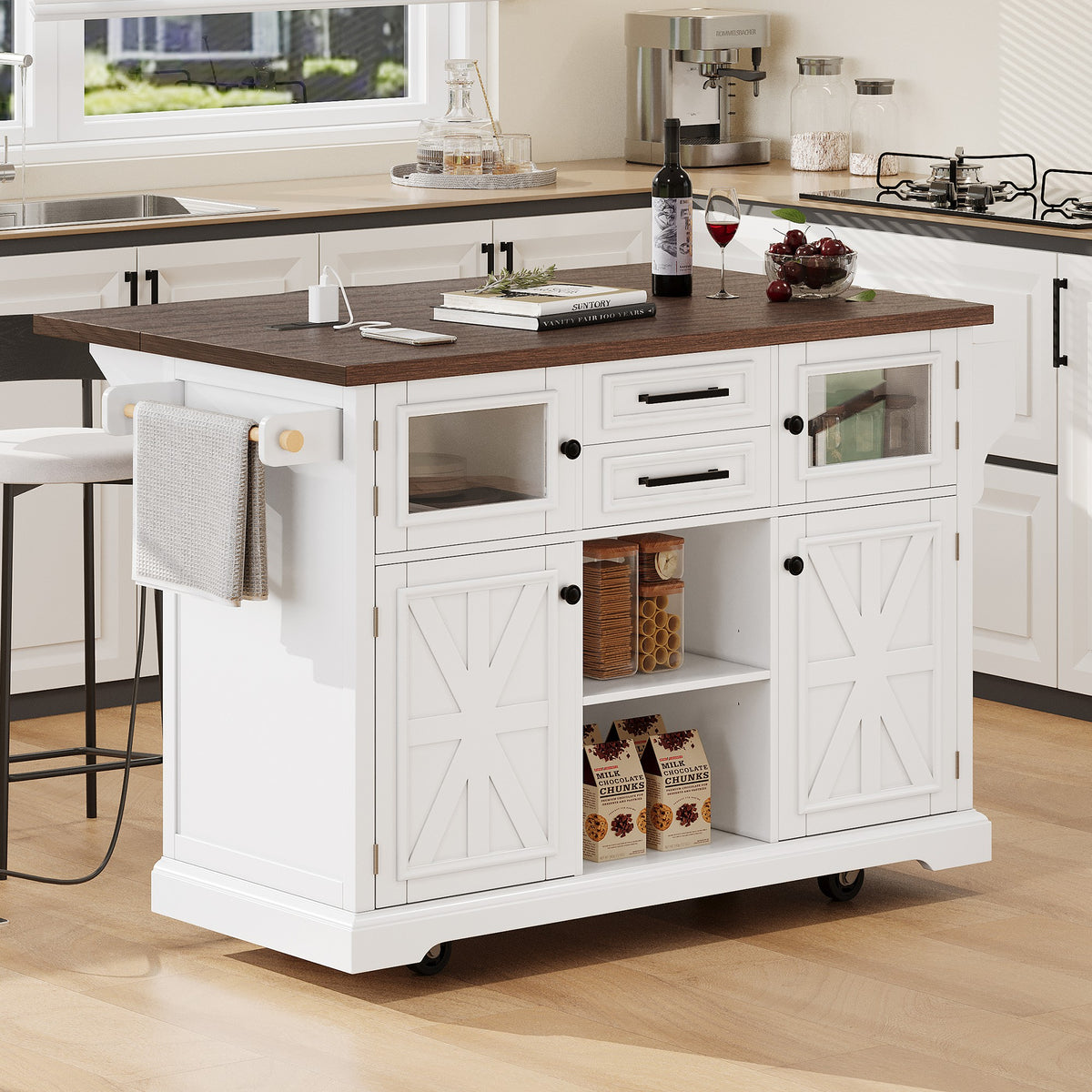 variant-group:rf-n707s300277w|Roomfitters 54.9" Kitchen Island with Drop Leaf, Rolling Kitchen Cart with Barn Door and Glass Door, Storage Cabinet, White