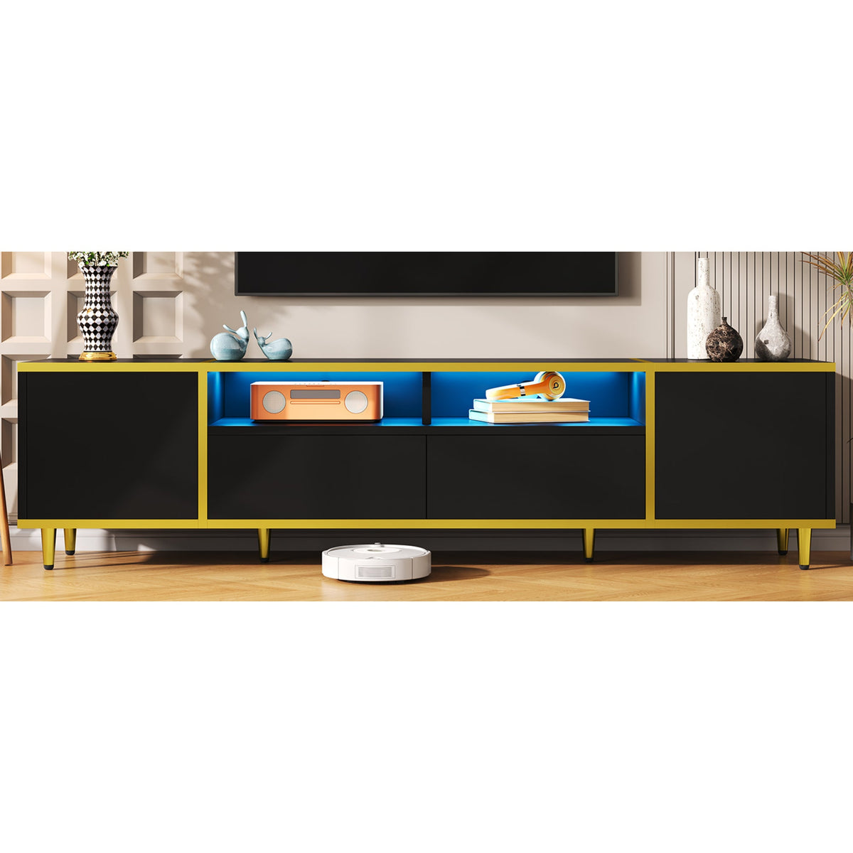 Roomfitters Modern TV Stand for up to 80 Inch TV, Entertainment Console with LED Shelves, Drawers and Cabinets, Black Roomfitters