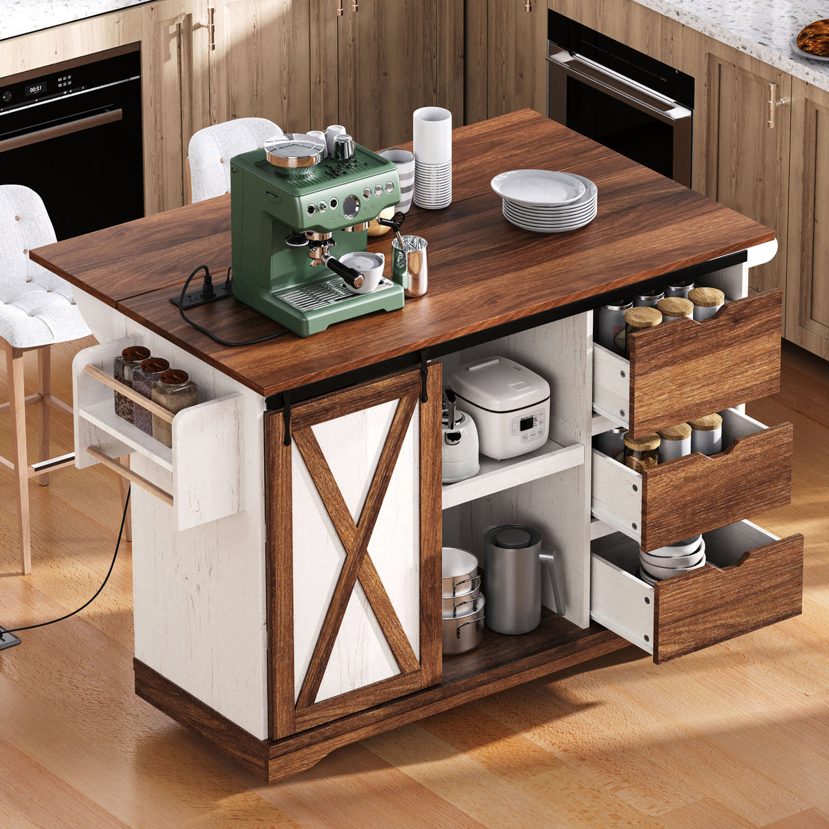 variant-group:rf-n707p288229w|Roomfitters 55.5" Rolling Kitchen Island with Drop Leaf, Mobile Kitchen Storage Cart with Sliding Barn Door, Power Outlets, White