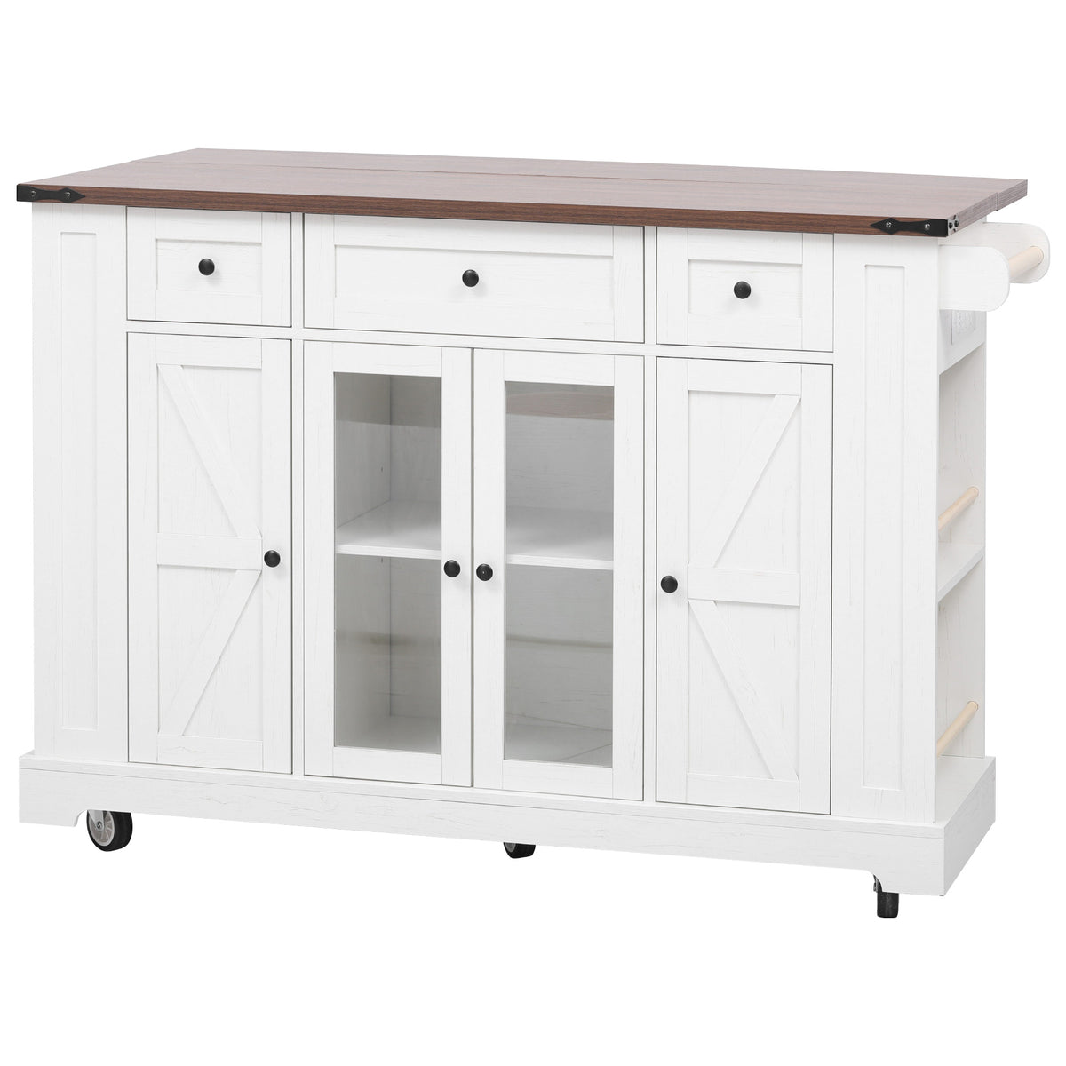 variant-group:rf-n707p263637w|Roomfitters 53" Rolling Kitchen Island with Drop Leaf, Mobile Cart with Glass Doors, 5 Side Shelves & Power Outlets, White