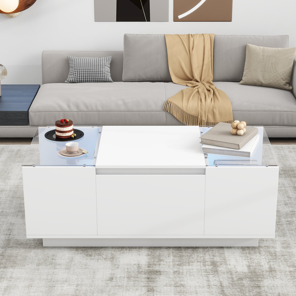 variant-group:rf-n724p290056k|Roomfitters Modern Center Coffee Table with High Gloss Finish, Glass Top and Hidden Storage Compartments, White