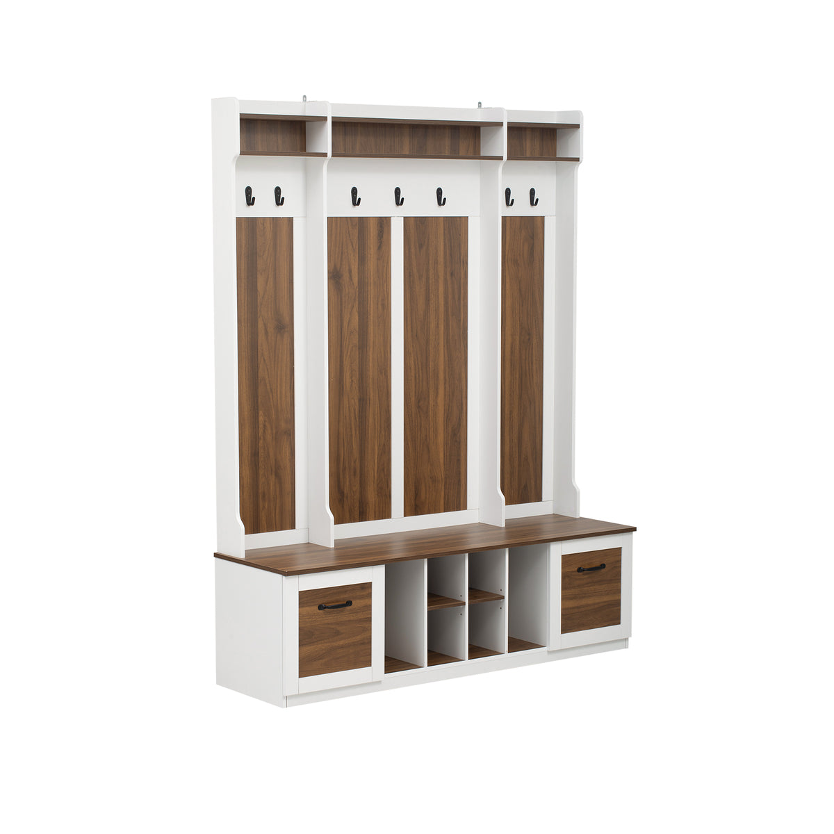 variant-group:rf-n724p235232d|Roomfitters 5-in-1 Entryway Bench with Coat Rack, Hooks, Drawers and Adjustable Shelves, Hall Tree for Hallway or Living Room, Brown+White